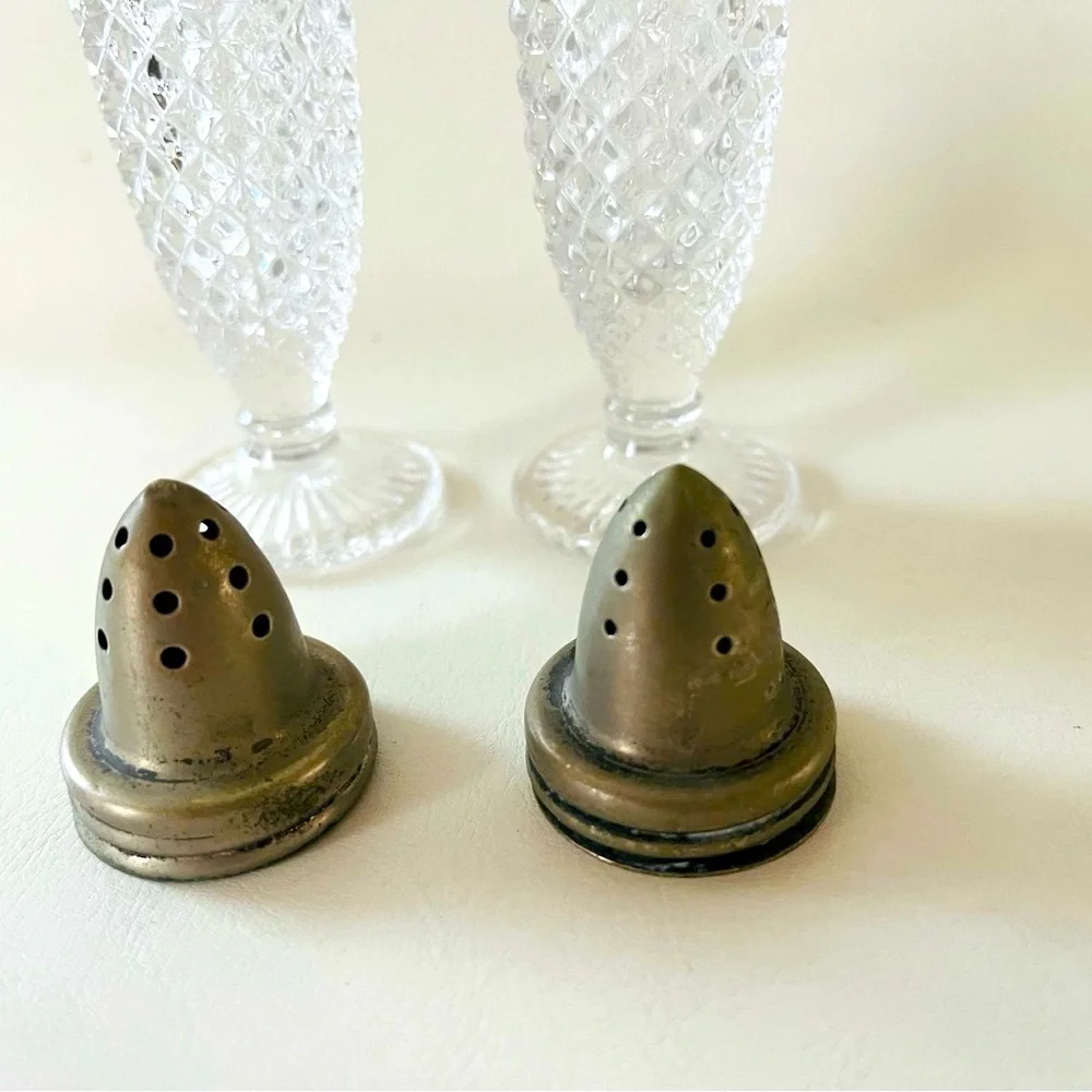 Vintage 1950’s Cut Glass Salt and Pepper Shakers with Metal Lids